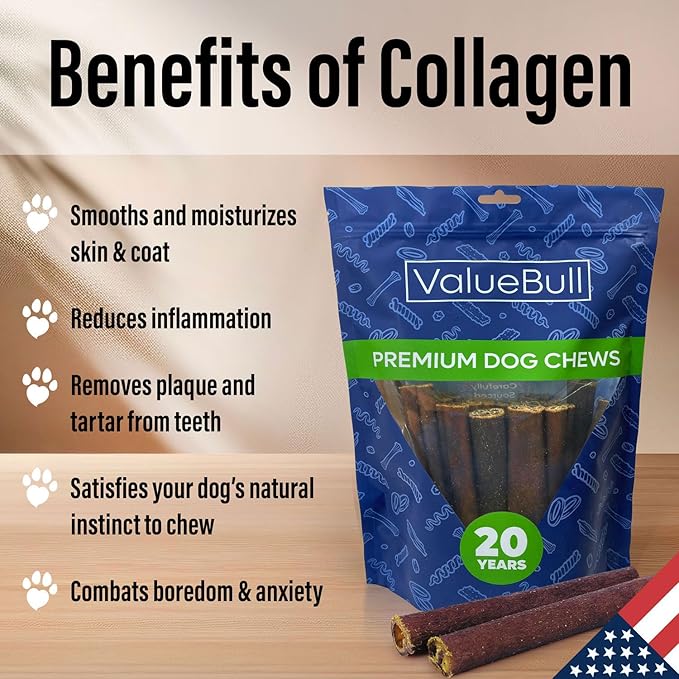 ValueBull USA Collagen Sticks for Dogs, 6 Inch Thick Chews, Natural Long-Lasting Dog Treats, 25 Count - Promotes Joint, Skin & Coat Health with Glucosamine and Chondroitin