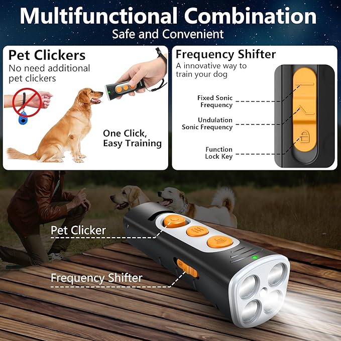 MODUS 2025New Anti Barking Device, 4X Ultrasonic Emitters Dog Bark Deterrent Device, Rechargeable Handheld Dog Barking Control Devices Dog Training&Behavior Aids with 50ft Range Indoor Outdoor