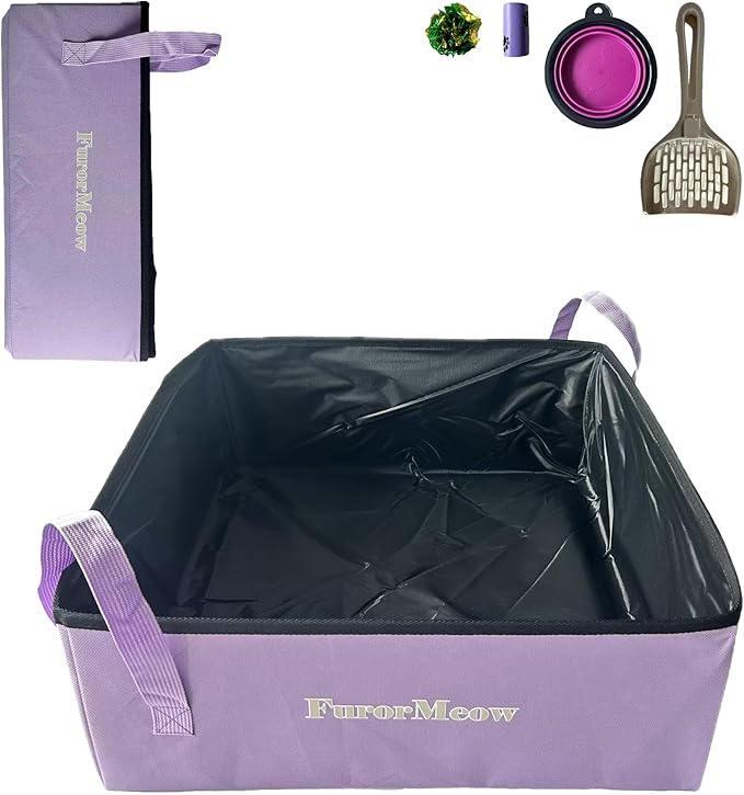 Portable Cat Litter Box, Firm Waterproof Foldable for Travelling for Cats, Including Crinkle Ball, Poop Bags, Foldable Bowl and Scoop, 15.8x15.8x5.9 inches (Light Purple)