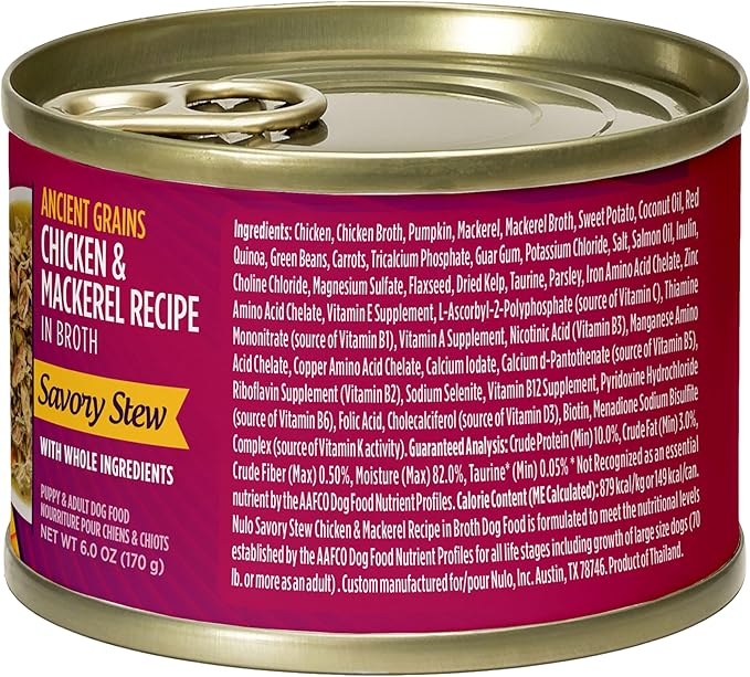 Nulo Ancient Grains Savory Stew with Whole Ingredients Puppy & Dog Food, Chicken and Mackerel in Broth, 6.0 Ounce, 8 Cans