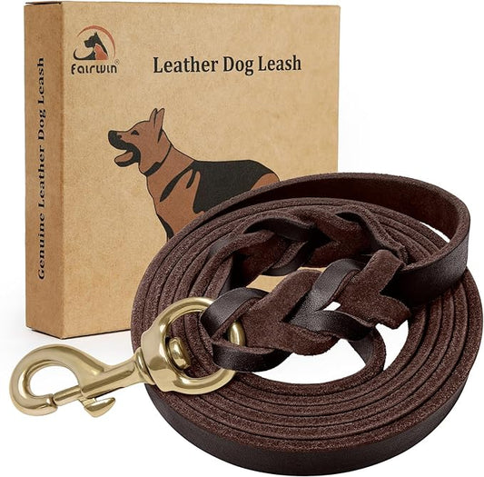 FAIRWIN Braided Leather Dog Training Leash 6 Foot - Dog Leather Leashes Heavy Duty for Large Medium Dogs (Brown, L:3/4" x 6ft)