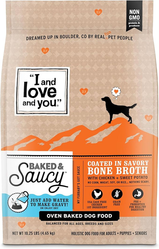 I AND LOVE AND YOU Baked and Saucy Dry Dog Food - Chicken + Sweet Potato - Prebiotic + Probiotic, Real Meat, Grain Free, No Fillers, 10.25lb Bag