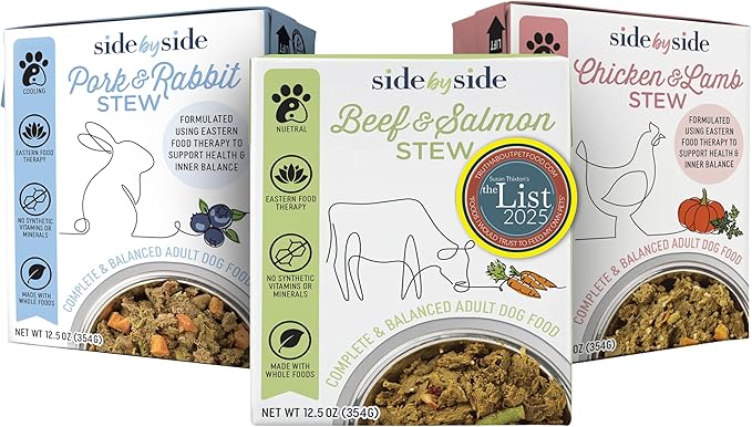 Side by Side Variety Stew, Warming/Cooling/Neutral Dog Food for All Breeds, Made of Whole Foods, Every Ingredient Has a Purpose, No Artificial Additives, Fillers, Gums, Ready to Serve, 12.5 oz, 3 Pack
