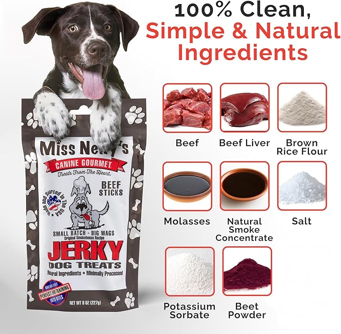 Miss Nelly's -All Natural Beef Jerky Dog Treats - Soft Sticks - USA Made and Sourced - Original Smoke House Recipe - Small Batch Beef Jerky for Dogs - Minimally Processed - 8 oz. Bag