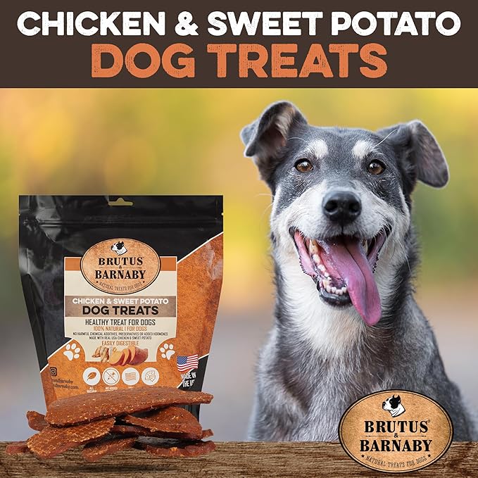BRUTUS & BARNABY Chicken & Sweet Potato Jerky Dog Treats - Grain-Free, Preservative-Free, No Fillers - All Natural USA Chicken & Sweet Potato, High in Antioxidants - Healthy, Tasty Treat for Dogs