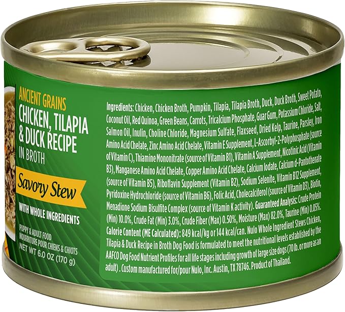 Nulo Ancient Grains Savory Stew with Whole Ingredients Puppy & Dog Food, Chicken, Tilapia, and Duck in Broth, 6.0 Ounce, 8 Cans