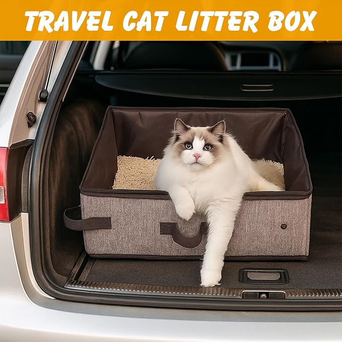 Travel Litter Box for Cats in Car with Lid and Cat Litter Scoop,Portable Cat Litters Case with a Bowl and 10 pcs Disposable Liner Bags,Leak-Proof and Collapsible