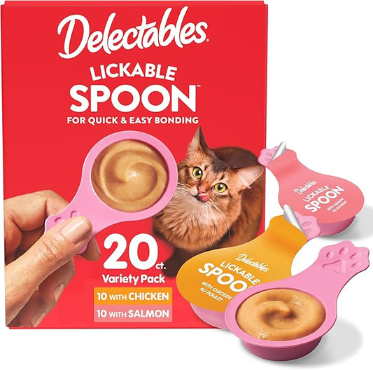 Delectables Lickable Spoon Handheld Wet Cat Treats Made with Real Chicken & Salmon, Quick & Easy Creamy Puree, Mess Free, Grain-Free, No Added Fillers, No by-Products, Variety Pack, 20ct