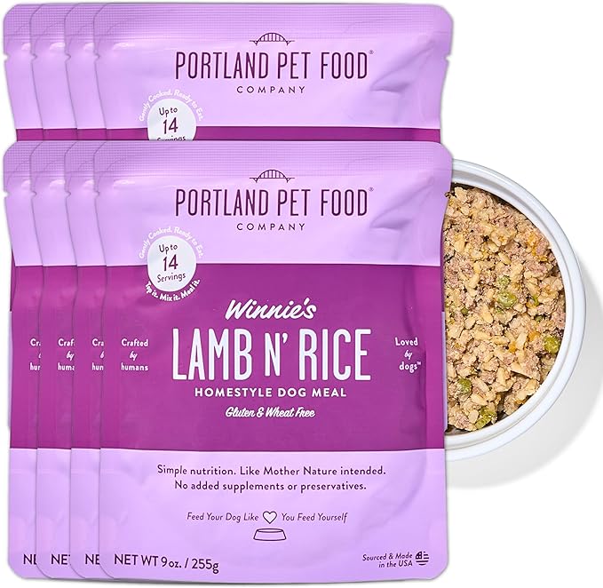 Portland Pet Food Company Winnie's Lamb N' Rice Fresh Dog Food Pouches, Wet Pet Meal Topper Mixers & Meals - Large & Small Dogs, Puppy to Seniors - Human-Grade, Gluten-Free - Made in The USA - 8 Pack
