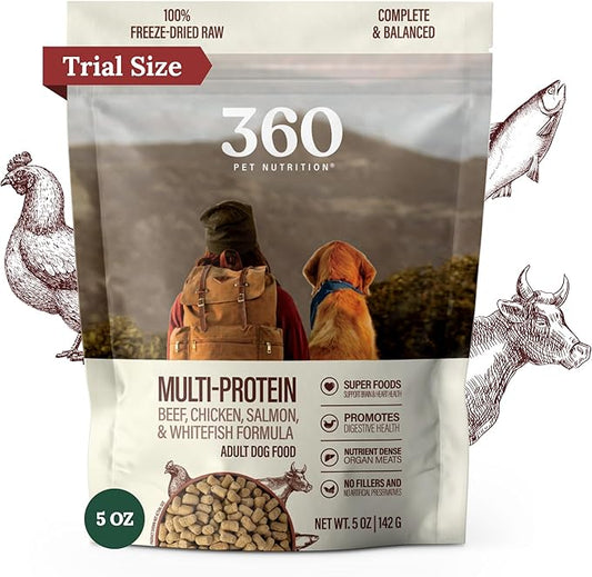 360 Pet Nutrition Freeze-Dried Raw Dog Food, High-Protein Multi-Protein Blend w/Beef, Chicken, Fish, Organs, Superfoods, No Fillers, 5 oz Trial Size Bites/Kibble – Made in USA