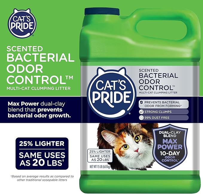Cat's Pride Max Power: Bacterial Odor Control - Up to 10 Days of Powerful Odor Control - Strong Clumping - 99% Dust Free - Multi-Cat Litter, Fresh Scented, 15 Pounds