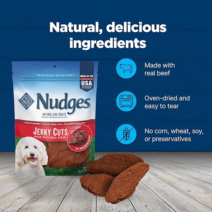 Blue Buffalo Nudges Jerky Cuts Dog Treats, Made in the USA with Natural Ingredients, Steak, 10-oz Bag