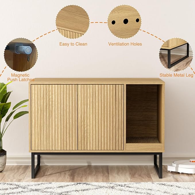 Cat Litter Box Enclosure, Fluted Hidden Litter Box Furniture with Scratch Pad and Metal Legs, Modern Enclosed Cat Cabinet, 31.5 x 17.7 x 21.7 Inches Indoor Pet House for Living Room, Washroom, Natural