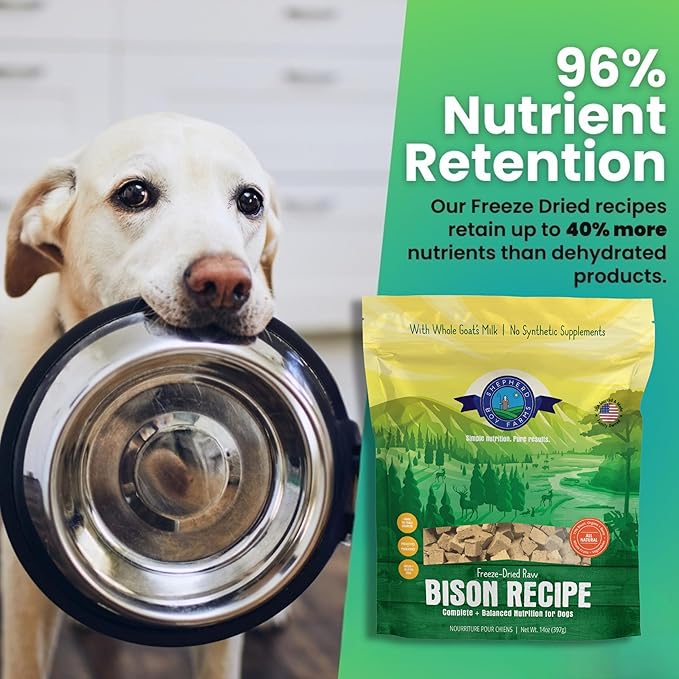 Freeze Dried Raw Dog Food, Bison Recipe, All Natural, No Synthetics, Made in USA with Goat's Milk & Organic Produce, High Protein, Complete Meal (14oz)