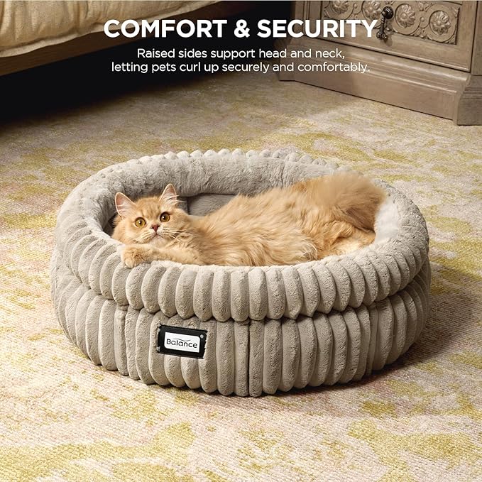 BALANCE Cat Bed Kitten Bed, Washable Round Cat Beds for Indoor Cats,Super Soft Plush Faux Fur Pet Bed for Puppy and Kitten with Anti-Slip Bottom