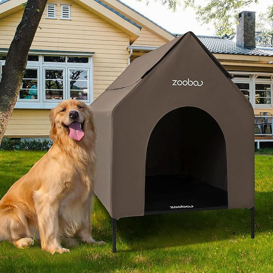 36" Large Dog House for Large Dog Indoor or Outside, Weatherproof 600D PVC Dog House Outdoor, Featuring Breathable 2x1 Textilene Elevated Dog Bed, Easy Clean(Brown)