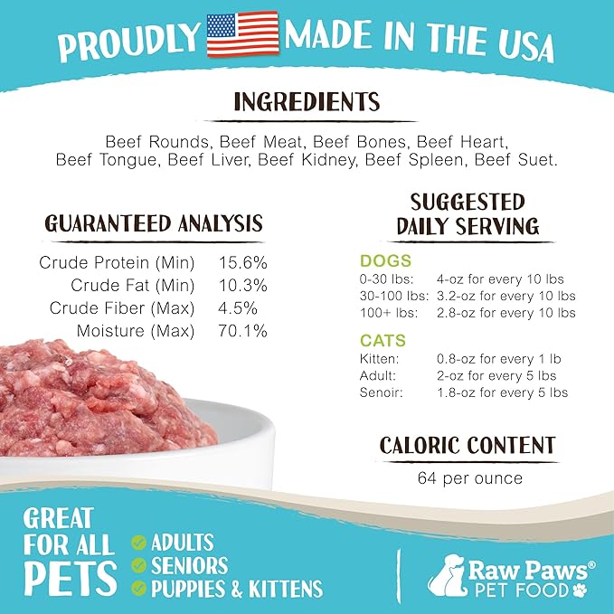 Raw Paws Signature Blend Pet Food for Dogs & Cats - Beef Recipe, 1-lb Rolls (20 Pack) - Fresh Pet Food Made in USA, Grass-Fed Beef, Natural Dog Food Rolls, Raw Frozen Dog Food & Cat Food
