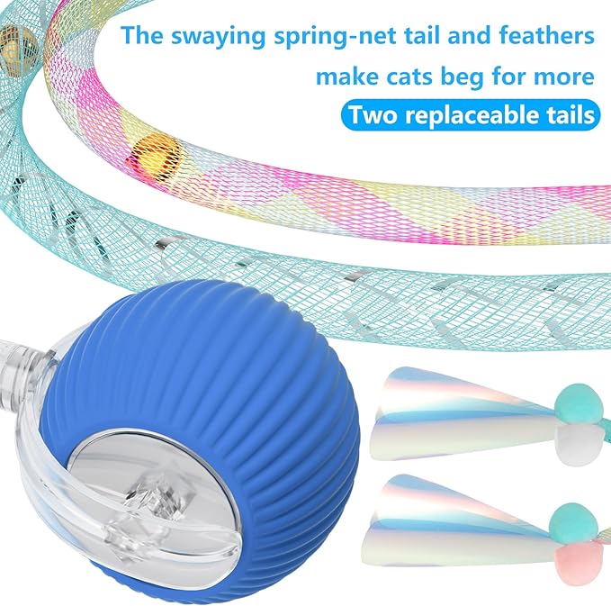 Interactive Cat Toys for Indoor Cats, Interactive Cat Ball Toy with Elastic Mesh Tail, Automatic Cat/Kitten Toys with Chirping & Motion Activate, Cat Toys for Bored Indoor(Blue)