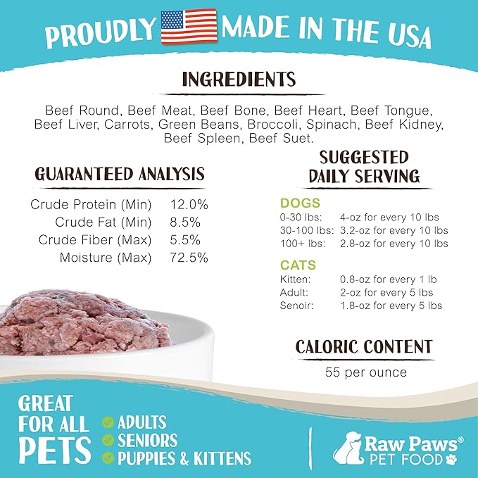 Raw Paws Signature Blend Pet Food for Dogs & Cats - Beef and Vegetables Recipe, 1-lb Rolls (20 Pack) - Fresh Pet Food Made in USA - Natural Dog Food Rolls - Raw Frozen Blend Dog & Cat Food