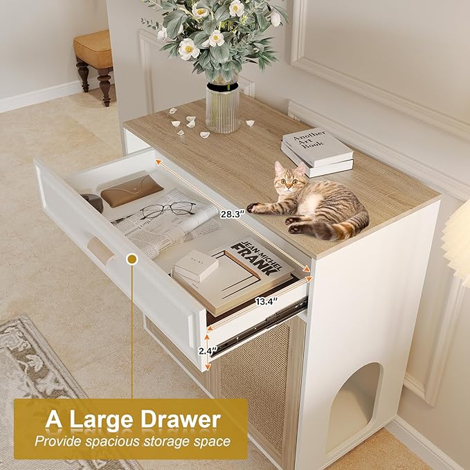 Cat Litter Box Enclosure Furniture Hidden Indoor 2-in-1 Wooden Cat House & Washroom Cabinet with Scratching Board Doors and Drawer, 31.5"x15.7"x34.6"H