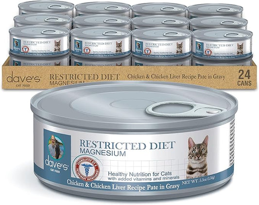 Dave's Pet Food Urinary Tract Cat Food Wet (Chicken Pate in Gravy), Non-Prescription Low Magnesium Restricted Diet Canned Cat Food, Added Vitamins, Vet Recommended, 5.5 oz (24 Pack)