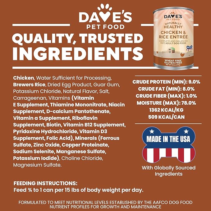 Dave's Pet Food Wet Canned Dog Food (Chicken & Rice), Made in USA Naturally Healthy with Added Vitamins & Minerals, Gluten Free Topper, 13.2 oz (12 Pack)