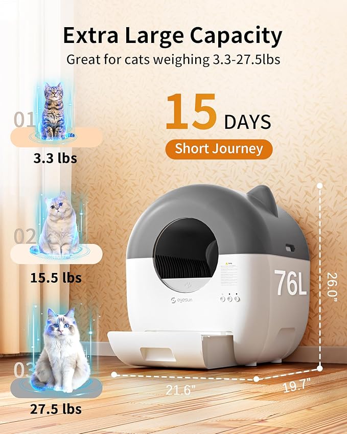 Self Cleaning Litter Box,76L Automatic Cat Litter Box Self Cleaning with APP Control,Low Noise,Safety Protection,Roll Garbage Bags,Deodorizer and Cleaning Brush for Multiple Cats