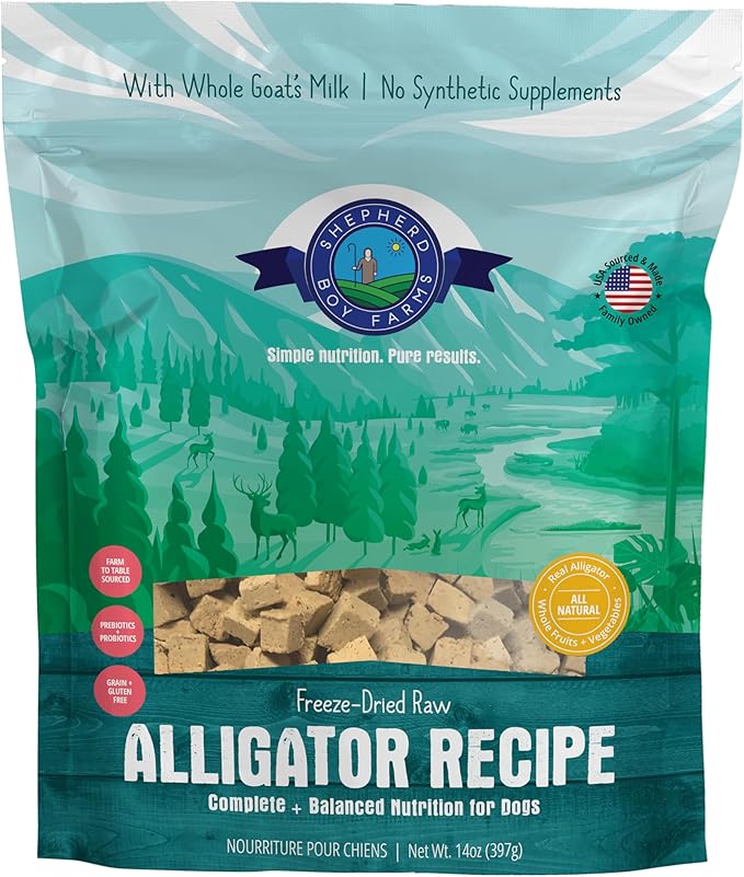 Freeze Dried Raw Dog Food, Alligator Recipe, All Natural, No Synthetics, Made in USA with Goat's Milk & Organic Produce, High Protein, Complete Meal (14oz)