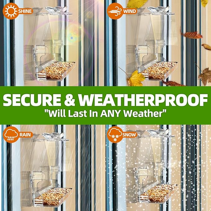 Window Bird Feeder with Non-Marking Self-Adhesive Hooks, Clear and Transparent, Outdoor Wild Bird Watching Gift, Garden Decor (with Large Window)