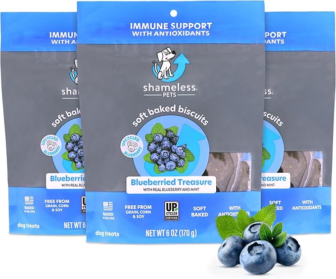 Shameless Pets Soft-Baked Dog Treats, Blueberried Treasure - Natural & Healthy Dog Chews with Mint for Immune Support - Baked & Made in USA, Free from Grain, Corn & Soy - 3-Pack