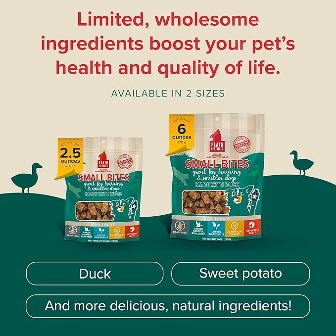 Plato Pet Treats Air Dried Small Bites Dog Treats, Natural Bite Sized Real Meat & Duck, Grain Free & High Protein, Made in the USA, 6oz