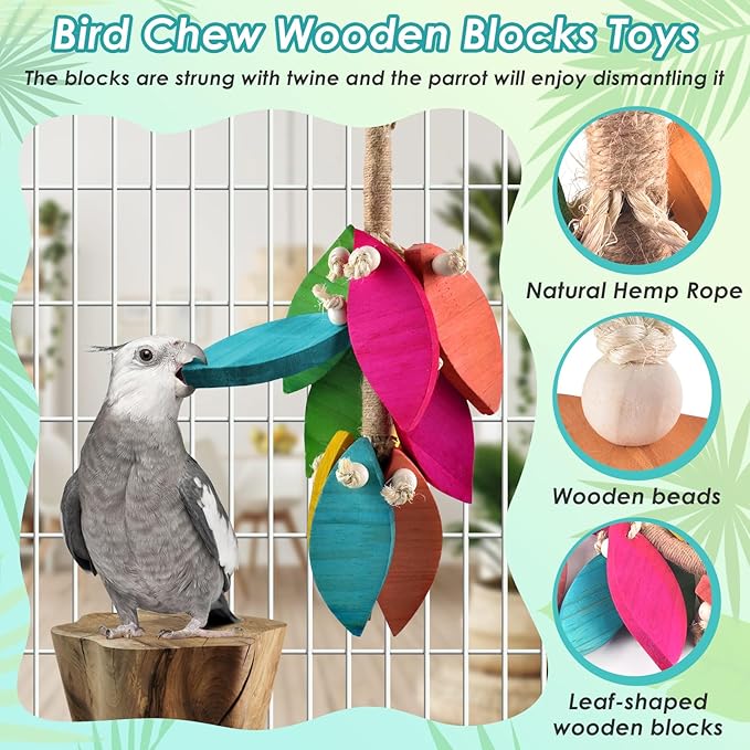 2 Pcs Large Bird Toys, Natural Corn Cob Parrot Chew Toy, Multicolored Leaf-Shaped Chewing Wood Blocks for Large and Medium-Sized Macaws, Cockatoos, Amazon Parrots, African Grey