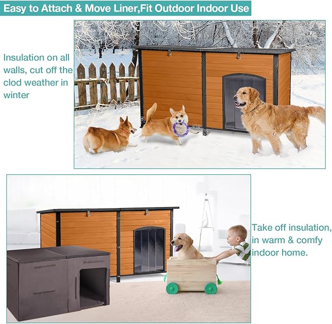 59" Extra Large Outdoor Dog House with Insulated Liner,Dog Kennel with All-Around Iron Frame,Weatherproof Dog Shelter for Small to Large Sizes Dog Kennel (Brown, L)