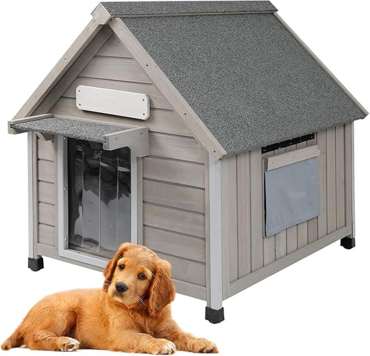 26" L Outdoor Dog House with Waterproof Asphalt Roof for Small to Medium Dogs,Large Wooden Indoor Dog Kennel with Anti-Chewing Metal,Oxford Cloth Window,Durable Doghouse for 1-2 Dogs