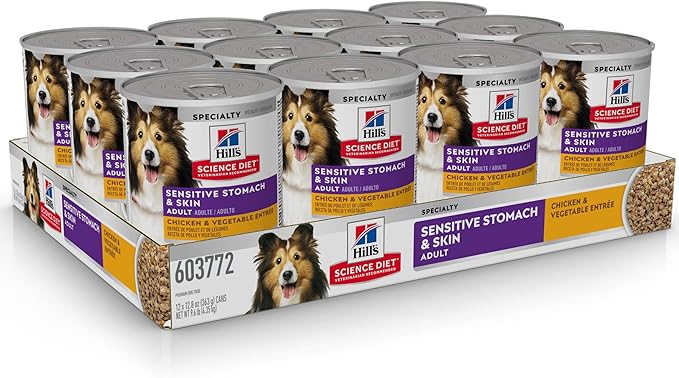 Hill's Science Diet Sensitive Stomach & Skin, Adult 1-6, Stomach & Skin Sensitivity Support, Wet Dog Food, Chicken & Vegetables Loaf, 12.8 oz Can, Case of 12