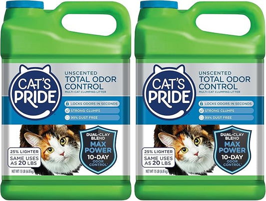 Cat's Pride Max Power: Total Odor Control - Up to 10 Days of Powerful Odor Control - Strong Clumping - Hypoallergenic - 99% Dust Free - Multi-Cat Litter, Unscented, 15 Pounds (Pack of 2)