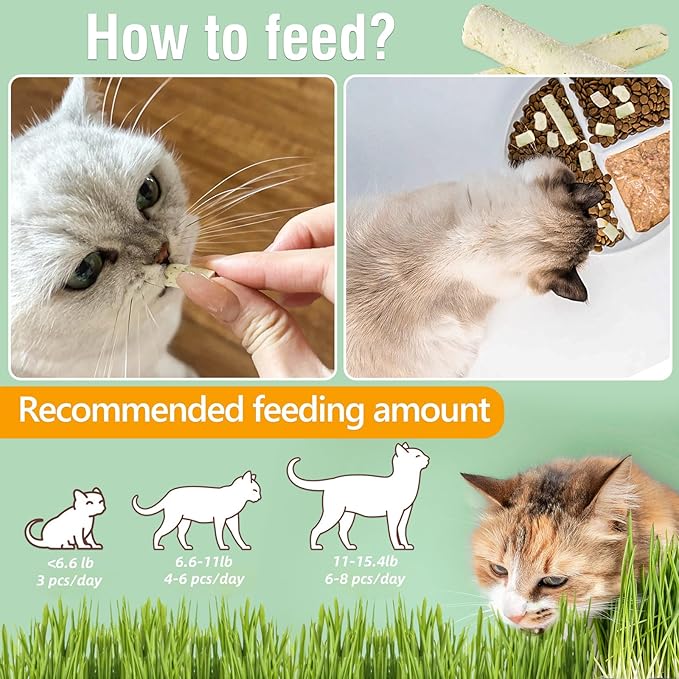 60g Cat Grass Teething Sticks with Goat Milk Favor, Edible Freezed Drying Cat Grass Treats, Cat Snacks for Hairball Removal and Dental Care