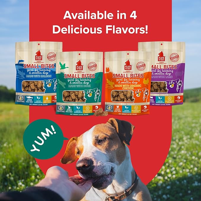 Plato Pet Treats Air Dried Small Bites Dog Treats, Natural Bite Sized Real Meat & Duck, Grain Free & High Protein, Made in the USA, 6oz