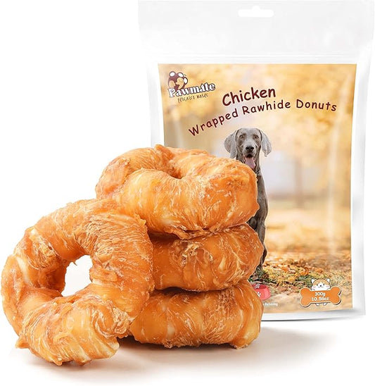 Dog Treats Large Breed, Chicken Wrapped Rawhide Donut Rings, Rawhide Dog Chews Long Lasting, Grain Free Training Snacks with Taurine for Medium Large Dogs, 4 Counts
