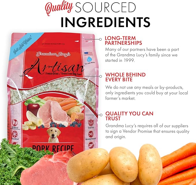 Grandma Lucy's Artisan Dog Food, Grain Free and Freeze-Dried - Artisan Pork, 10Lb Bag