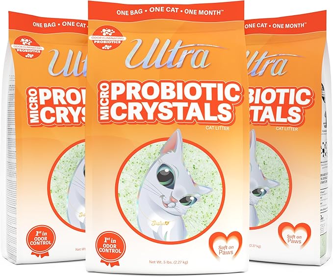 New Ultra Probiotic Micro Crystals Premium Cat Litter - 99.9% Dust Free, Soft on Paws, Fragrance Free - 15 Lbs. Total (3pk of 5 Lbs.)