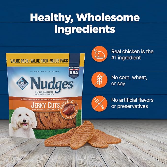 Blue Buffalo Nudges Jerky Cuts Dog Treats, Made in the USA with Natural Ingredients, Chicken & Duck, 36-oz Bag