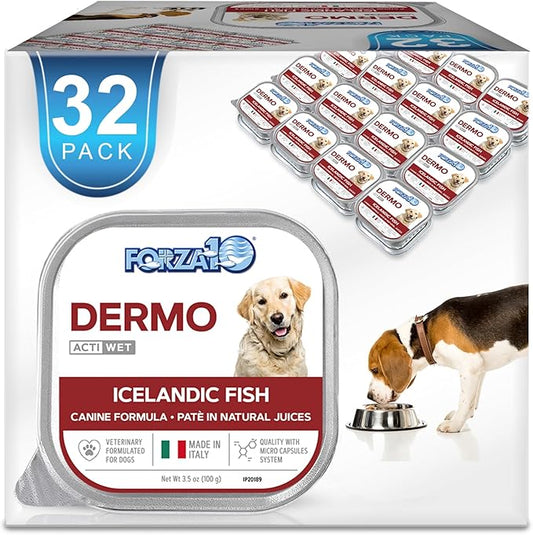 Forza10 Actiwet Dermo Wet Dog Food, Omega 3 Canned Dog Food Sensitive Skin Health, Dry Skin Fur Loss, 3.5 oz, Fish Flavor, Adult Dogs (32 Pack)
