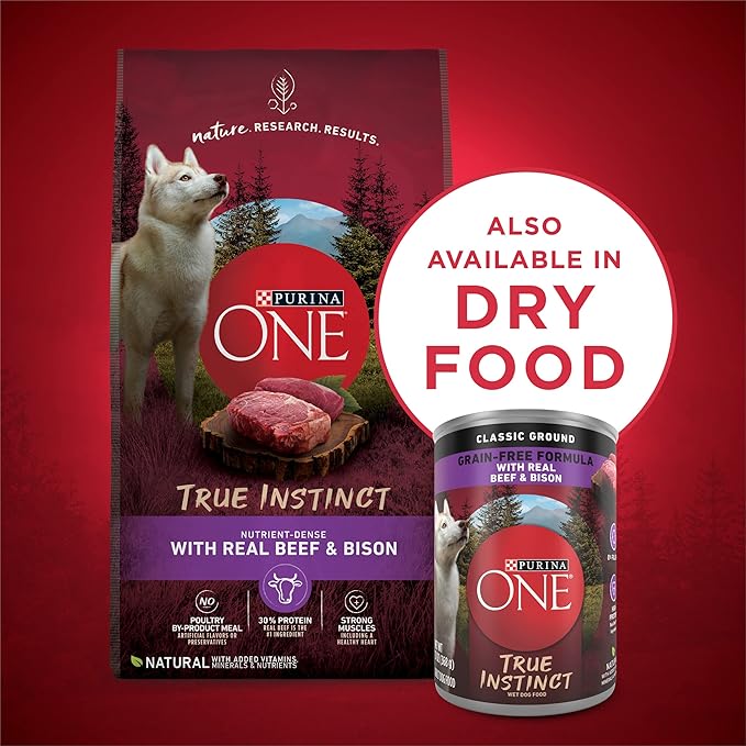 Purina ONE Wet Dog Food True Instinct Classic Ground Grain-Free Formula With Real Beef and Bison High Protein Dog Food - (Pack of 12) 13 oz. Cans