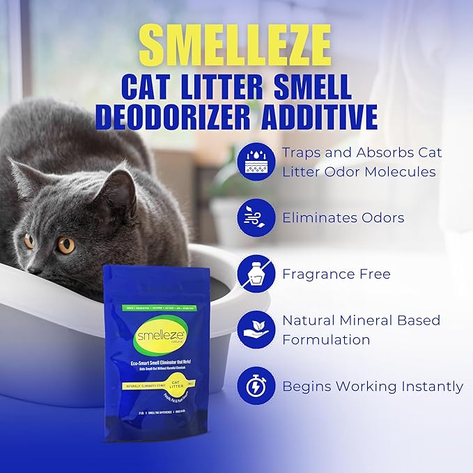 SMELLEZE Natural Cat Litter Deodorizer and Litter Box Odor Eliminator Additive for Strong Smells Unscented Kitty Litter Smell Control Safe Long-Lasting Granules for Multi Cat Homes 2 lb