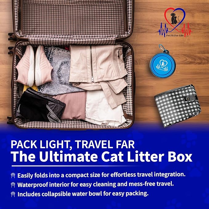 Pet Fit For Life - Vibrant Collapsible Travel Cat Litter Box - Portable, Foldable, Compact Design with Bonus Water Bowl - Ideal for Car & Camping - Reusable, Cats Safe - Black, (16"x12"x5")