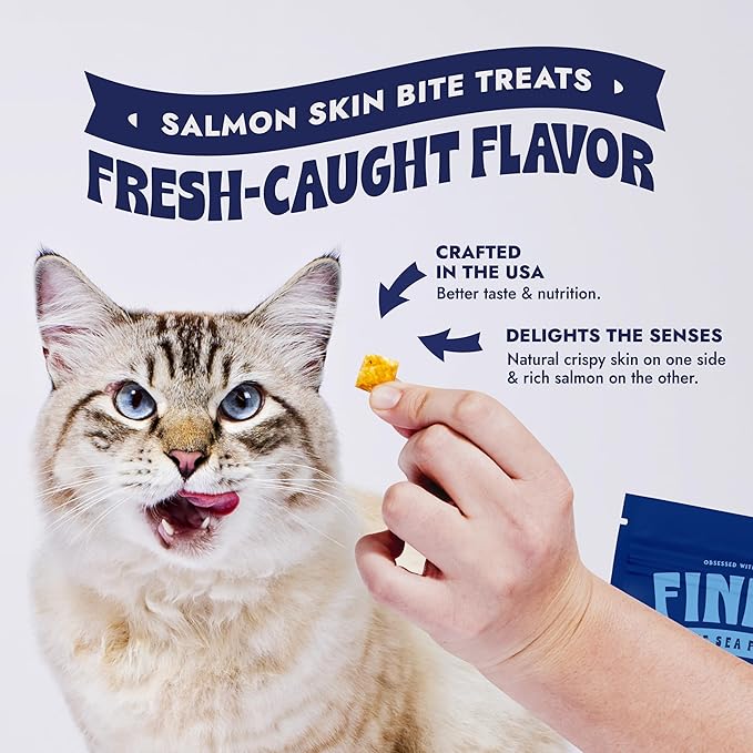 Finfare Freeze Dried Salmon Skin Bites, Grain Free Crunchy Salmon Cat Treats, High Protein & Omega-3s for Skin & Coat Health, Crafted in USA, 1.3oz