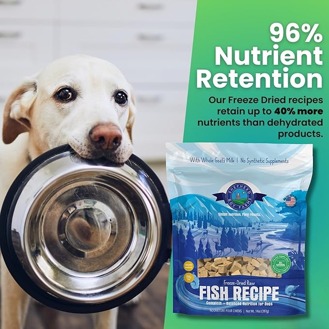 Freeze Dried Raw Dog Food, Fish Medley Recipe, All Natural, No Synthetics, Made in USA with Goat's Milk & Organic Produce, High Protein, Complete Meal (14oz)