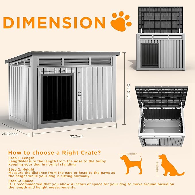 VIXZEN Dog House Indoor Outdoor,Waterproof Dog House for Small to Medium Dogs,Doghouse with Air Vents and Elevated Floor,Openable at The Top,Easy to Assemble and Clean,Gray,32.2"×25.12"×24.13"