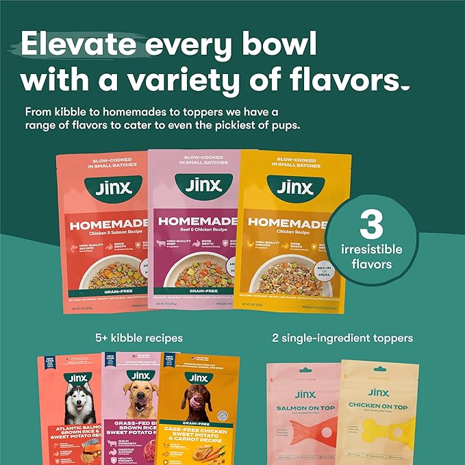 Jinx Beef Grain Free Wet Dog Food Pouches, Meal or Dog Food Topper Mix-in, Made with Real Beef & Chicken, Bone Broth & Brown Rice, No Fillers, Puppy, Adult, Senior, 9oz, 6 Pack